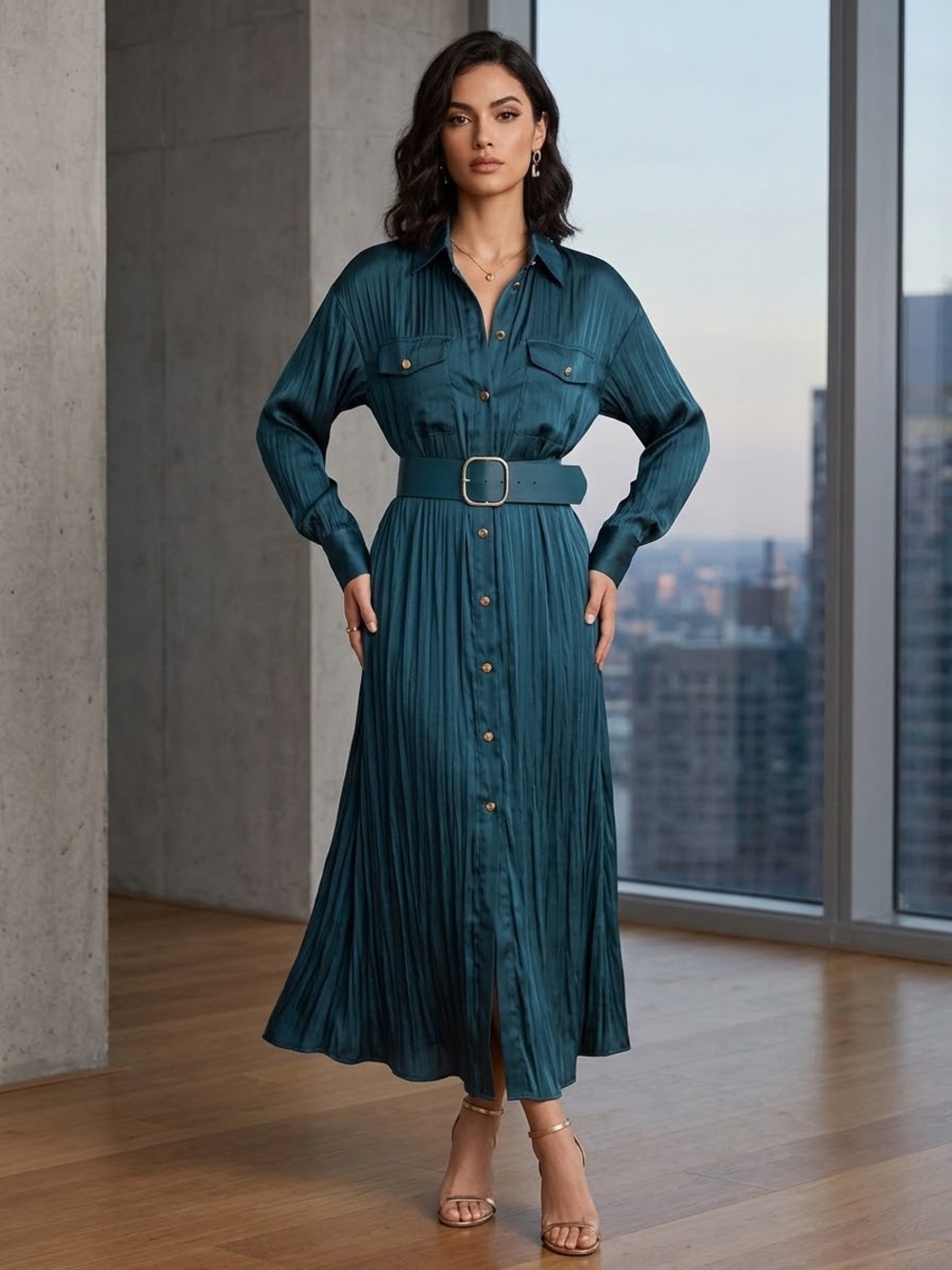 Zara Teal Pleated Button-Front Belted Maxi Dress